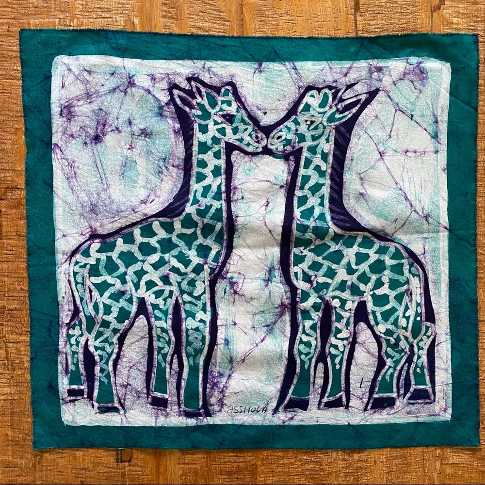 Batik Kissing Giraffe's Hand Dyed Fabric Panel by Artist Theodore Asshola